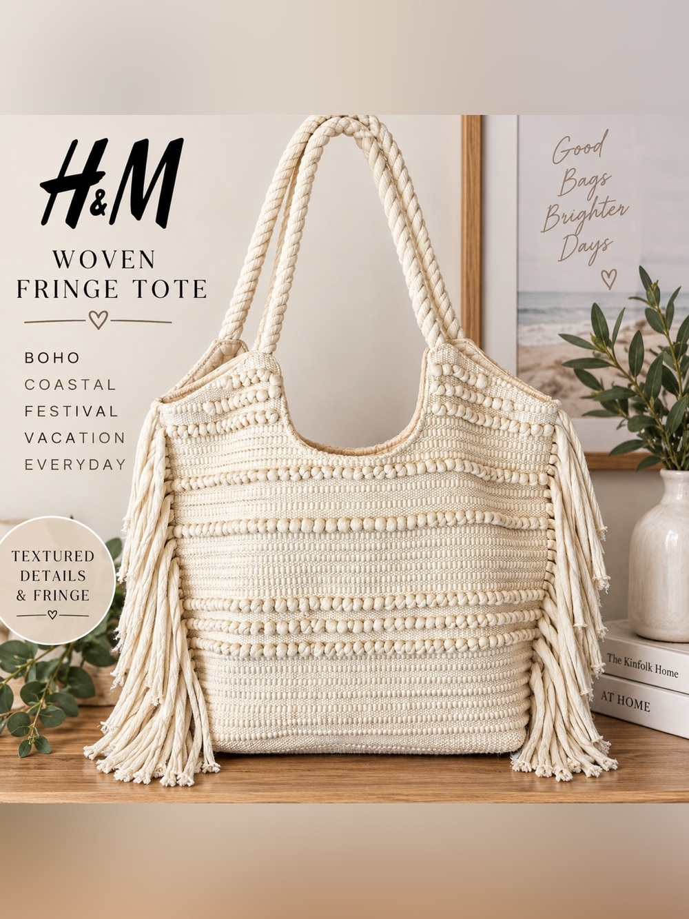 H&M Cream Macramé Fringe Boho Tote Shoulder Bag